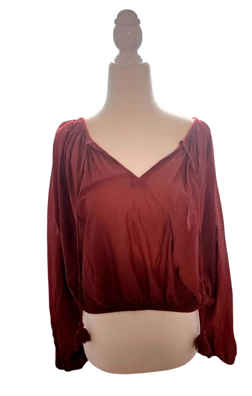 J.Crew Rust Peasant Blouse Womens Large Balloon Sleeve Cropped Tie Neck Top boho